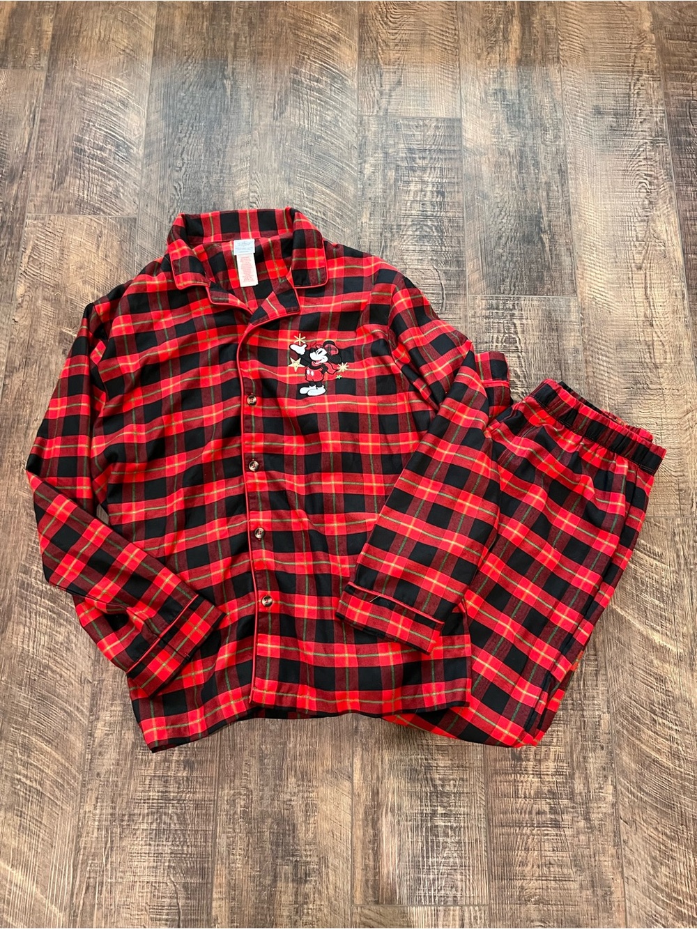 Disney Christmas Plaid Men's Two-Piece Pajama Set with Mickey Chest Patch